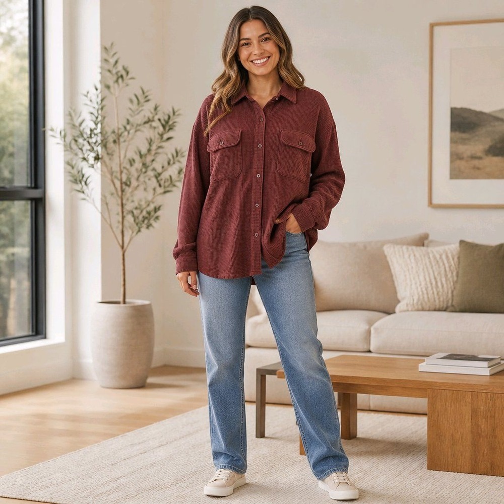 Magellan Outdoors Large Burgundy Waffle Knit Boyfriend Fit Shacket
